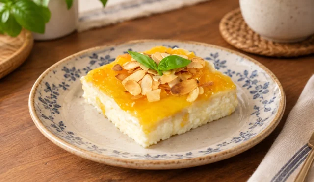 Şeftali soslu, dilimlenmiş irmik tatlısı