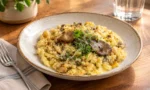 Mantarlı, peynirli ve kremalı spätzle tabağı