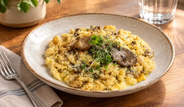 Mantarlı, peynirli ve kremalı spätzle tabağı