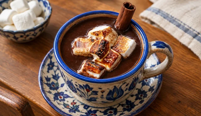 Marshmallow ile servis edilen yoğun kıvamlı ev yapımı sıcak çikolata