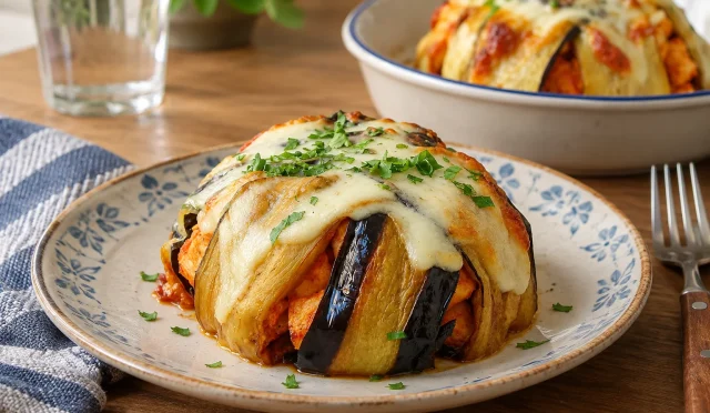 Kaşarı kızarmış, patlıcanla kaplanmış tavuklu zade kebabı