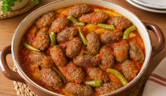 Domates soslu tencerede İzmir köfte, patates ve sivri biber